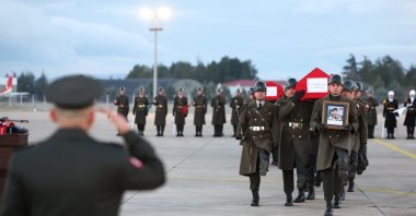 Turkish soldiers carry the coffins of Libya's military chief Mohammed Ali al-Haddad and other officer who were killed in a plane crash during a military ceremony in the capital Ankara, Türkiye, Dec. 27, 2025. (DHA Photo)