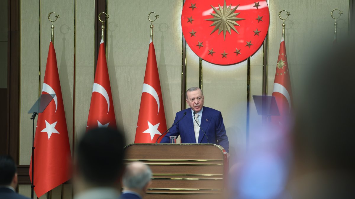 President Recep Tayyip Erdoğan speaks at the International Union of Democrats (IUD) Delegation Reception Program held at the Beştepe National Exhibition Hall, Ankara, Türkiye, Dec. 25, 2025. (DHA)