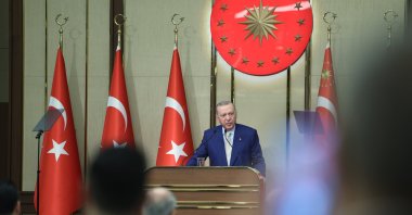 President Recep Tayyip Erdoğan speaks at the International Union of Democrats (IUD) Delegation Reception Program held at the Beştepe National Exhibition Hall, Ankara, Türkiye, Dec. 25, 2025. (DHA)