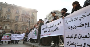 Syrians stage a protest against the YPG, Damascus, Syria, Dec. 26, 2025. (AA Photo)