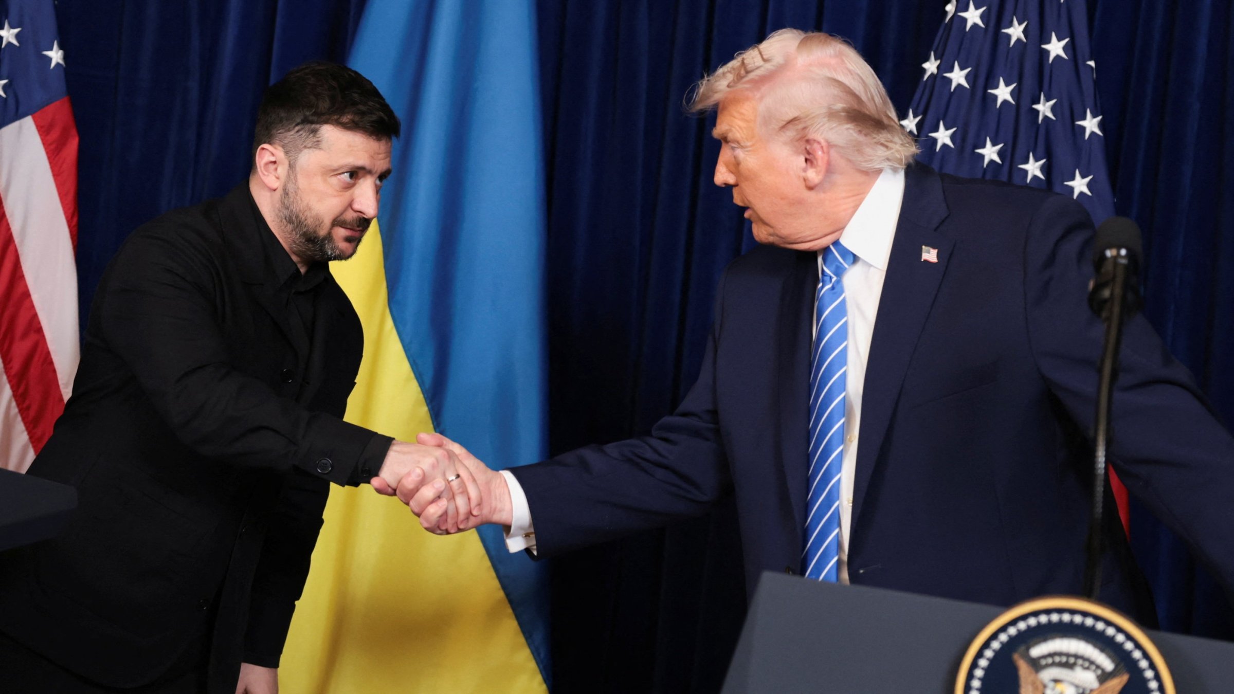 U.S. President Donald Trump and Ukrainian President Volodymyr Zelenskyy shake hands during a press conference at Trump’s Mar-a-Lago club, in Palm Beach, Florida, U.S., Dec. 28, 2025. (Reuters Photo)