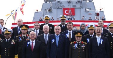 President Recep Tayyip Erdoğan, Defense Minister Yaşar Güler (2nd L), Presidential Defense Industries Chair Haluk Görgün (R) and other participants attended a ceremony for naval platforms held at the Istanbul Naval Shipyard Command, Istanbul, Türkiye, Dec. 20, 2025. (AA Photo)