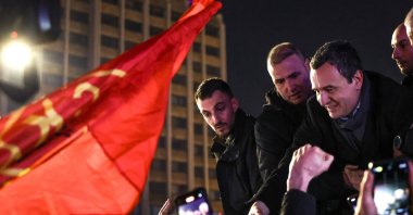 Acting Prime Minister of Kosovo and leader of Vetevendosje (LVV) party Albin Kurti (R), greets supporters in Pristina, Kosovo, Dec. 28, 2025. (EPA Photo)