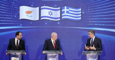 Greek Cypriot administration leader Nikos Christodoulides (L), Israeli Prime Minister Benjamin Netanyahu (C) and Greek Prime Minister Kyriakos Mitsotakis hold a joint press conference after a trilateral meeting, west Jerusalem, Israel, Dec. 22, 2025. (EPA Photo)