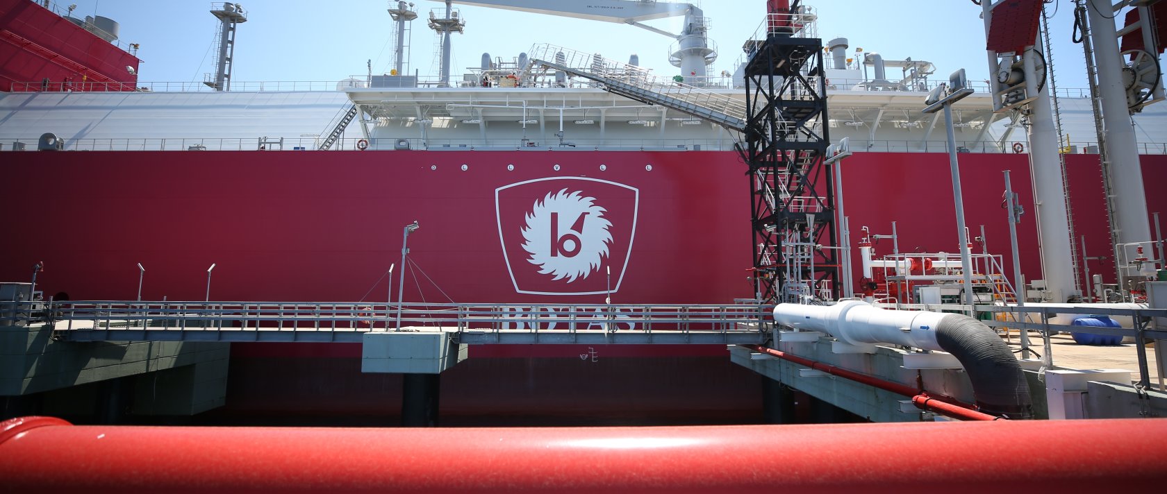 The logo of BOTAŞ is seen on Türkiye's first FSRU Ertuğrul Gazi at a port in Hatay, southeastern Türkiye, April 22, 2021. (AA Photo)
