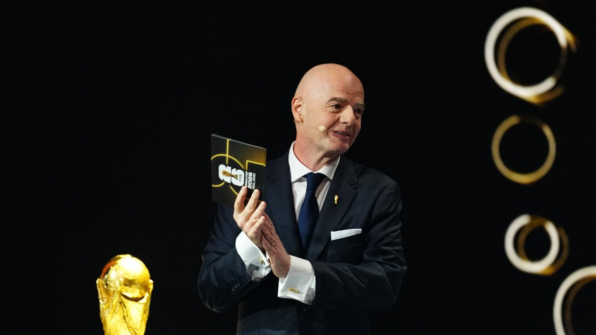 FIFA President Gianni Infantino with the World Cup trophy during the FIFA World Cup 2026 Draw Pool at John F. Kennedy Center for the Performing Arts, Washington, U.S., Dec. 5, 2025. (Reuters Photo)