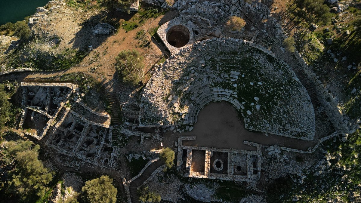 Aerial view of the ancient city of Amos in Marmaris, Muğla, in this photo released on Dec. 30, 2025. (AA Photo)