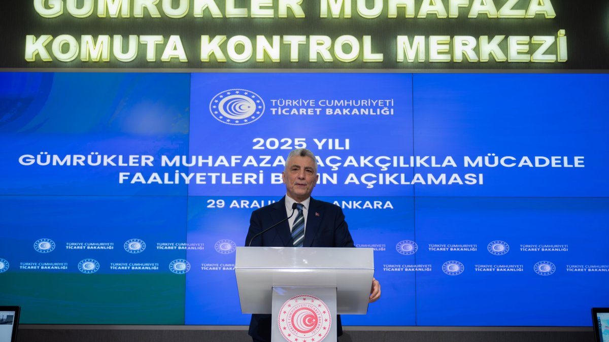 Trade Minister Ömer Bolat delivers remarks during the “2025 Customs Enforcement Anti-Smuggling Activities Meeting” held at the Customs Enforcement Command and Control Center in Ankara, Dec. 30, 2025. (AA Photo)