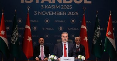 Foreign Minister Hakan Fidan chairs a meeting with counterparts from Indonesia, Qatar, Jordan, Saudi Arabia, Pakistan and the United Arab Emirates to discuss the next steps for Gaza, Istanbul, Türkiye, Nov. 3, 2025. (AP Photo)