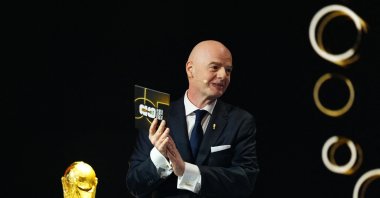 FIFA President Gianni Infantino with the World Cup trophy during the FIFA World Cup 2026 Draw Pool at John F. Kennedy Center for the Performing Arts, Washington, U.S., Dec. 5, 2025. (Reuters Photo)