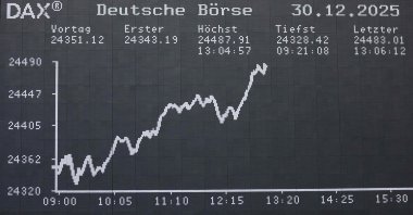 A board displays the chart of Germany's share index DAX at the stock exchange on the last day of 2025 trading, Frankfurt, Germany, Dec. 30, 2025. (AFP Photo)