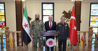 Defense Minister Yaşar Güler (C) receives Syrian Chief of General Staff Nureddin Ali Nasan (L), accompanied by Turkish Chief of General Staff Selçuk Bayraktaroğlu (R), Ankara, Türkiye, Dec. 30, 2025. (IHA Photo)
