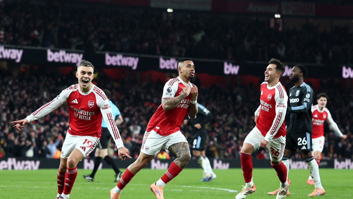 Arsenal's Gabriel Jesus (C) celebrates scoring their fourth goal with Leandro Trossard (L) and Martin Zubimendi during the Premier League match against Aston Villa at Emirates Stadium, London, U.K., Dec. 30, 2025. (Reuters Photo)