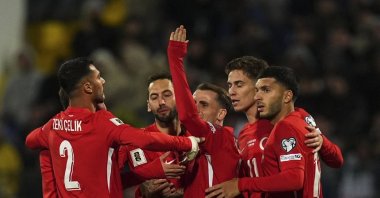 Turkish players celebrate after an own goal during the 2026 FIFA World Cup qualifiers match against Bulgaria at the Vasil Levski National Stadium, Sofia, Bulgaria, Oct. 11, 2025. (AA Photo)