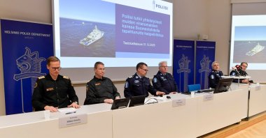 From left, Gulf of Finland Coast Guard District Commander Mikko Simola, Chief of the Border Guard Markku Hassinen, Director of the National Bureau of Investigation Robin Lardot, Helsinki Deputy Police Commissioner Heikki Kopperoinen, Helsinki Police Department chief Jari Liukku and National Police Commissioner Ilkka Koskimaeki, attend a news conference in Helsinki, Finland, Dec. 31, 2025. (Kimmo Penttinen/Lehtikuva via AP)
