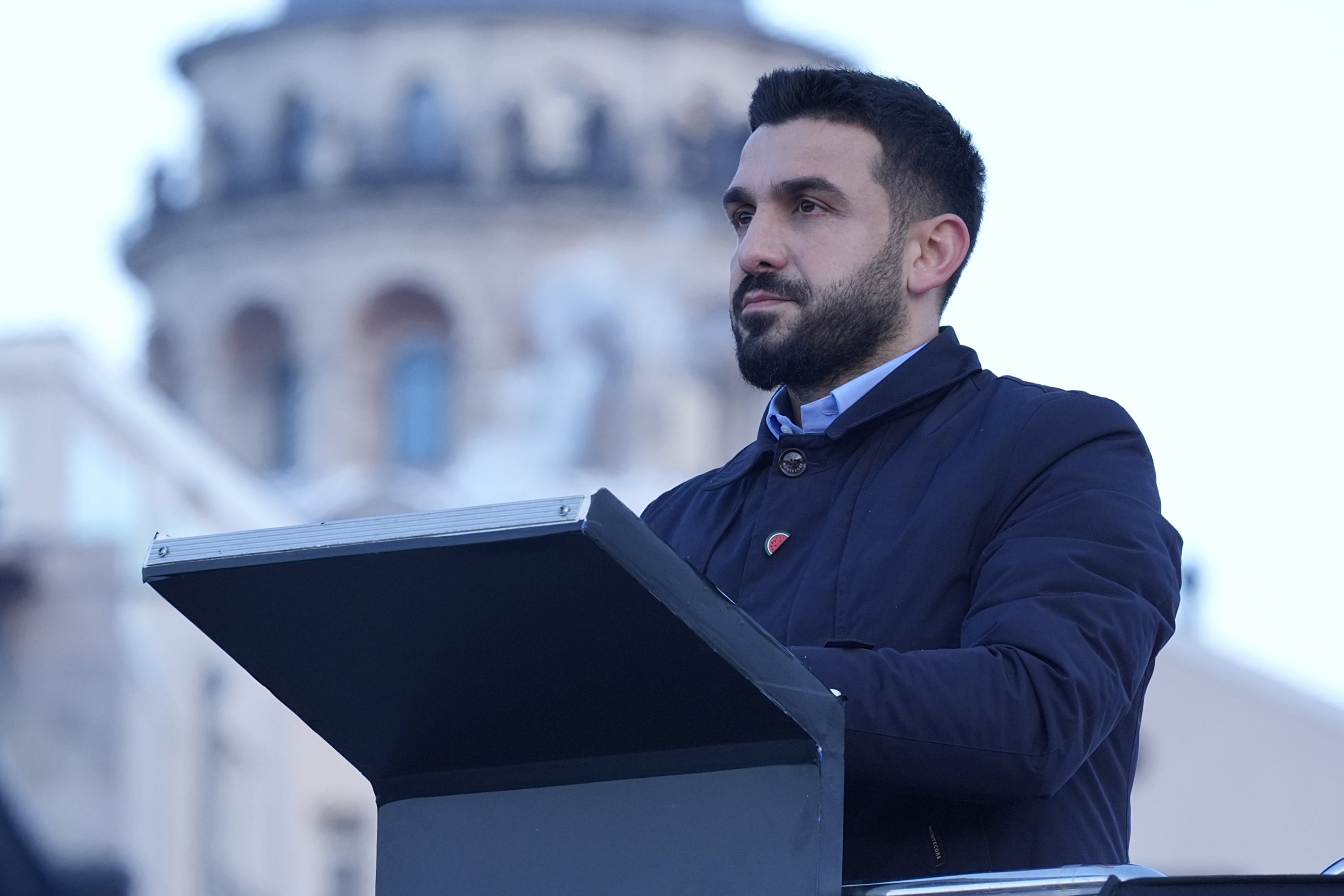 TÜGVA chair İbrahim Beşinci speaks at the rally, in Istanbul, Türkiye, Jan. 1, 2026. (AA Photo) 