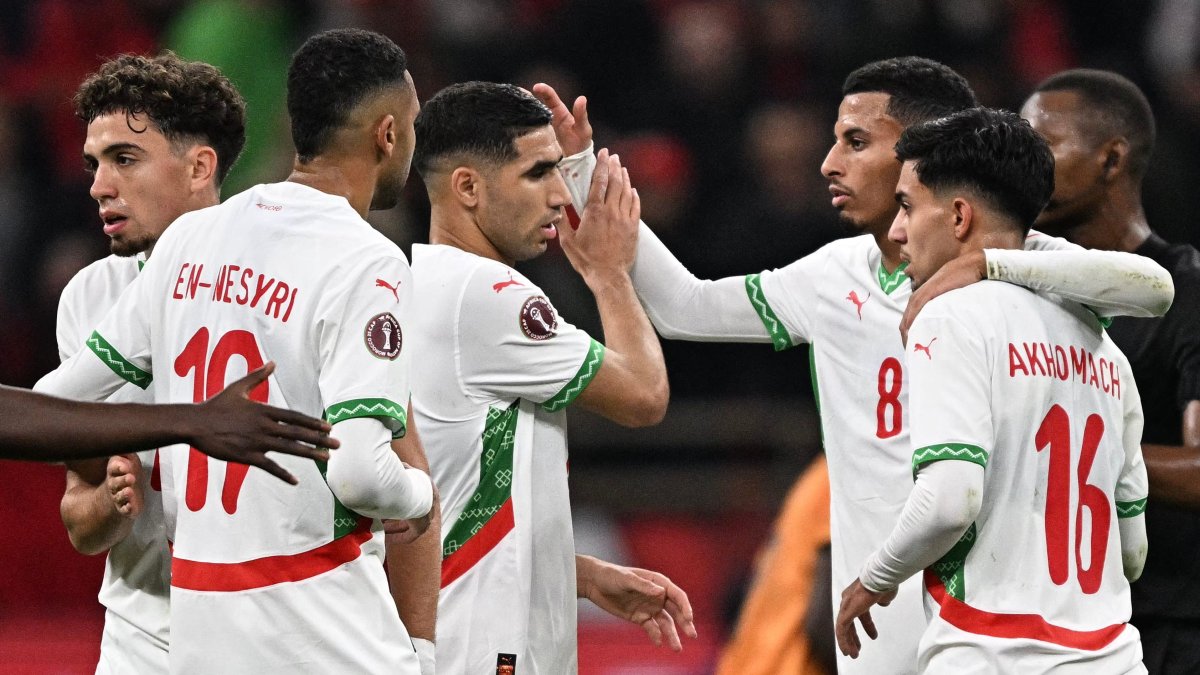 Morocco's Achraf Hakimi (3rd L) celebrates with his teammates during the Africa Cup of Nations (CAN) group stage football match between Zambia and Morocco at Prince Moulay Abdellah Stadium, Rabat, Morocco, Dec. 29, 2025. (AFP Photo)