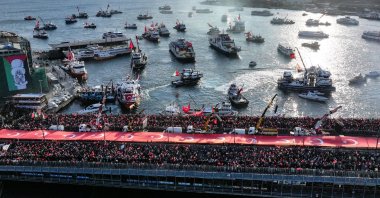 An aerial view of the crowd gathered on the Galata Bridge, in Istanbul, Türkiye, Jan. 1, 2026. (AA Photo) 