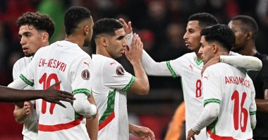 Morocco's Achraf Hakimi (3rd L) celebrates with his teammates during the Africa Cup of Nations (CAN) group stage football match between Zambia and Morocco at Prince Moulay Abdellah Stadium, Rabat, Morocco, Dec. 29, 2025. (AFP Photo)