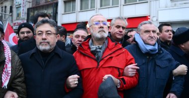 (L-R) Agriculture and Forestry Minister Ibrahim Yumaklı, Youth and Sports Minister Osman Aşkın Bak and AK Party Deputy Group Chair Bahadır Yenişehirlioğlu walk from the Hagia Sophia Grand Mosque toward Galata Bridge to join the mass demonstration in solidarity with Palestine, Istanbul, Türkiye, Jan. 1, 2026. (AA Photo)

