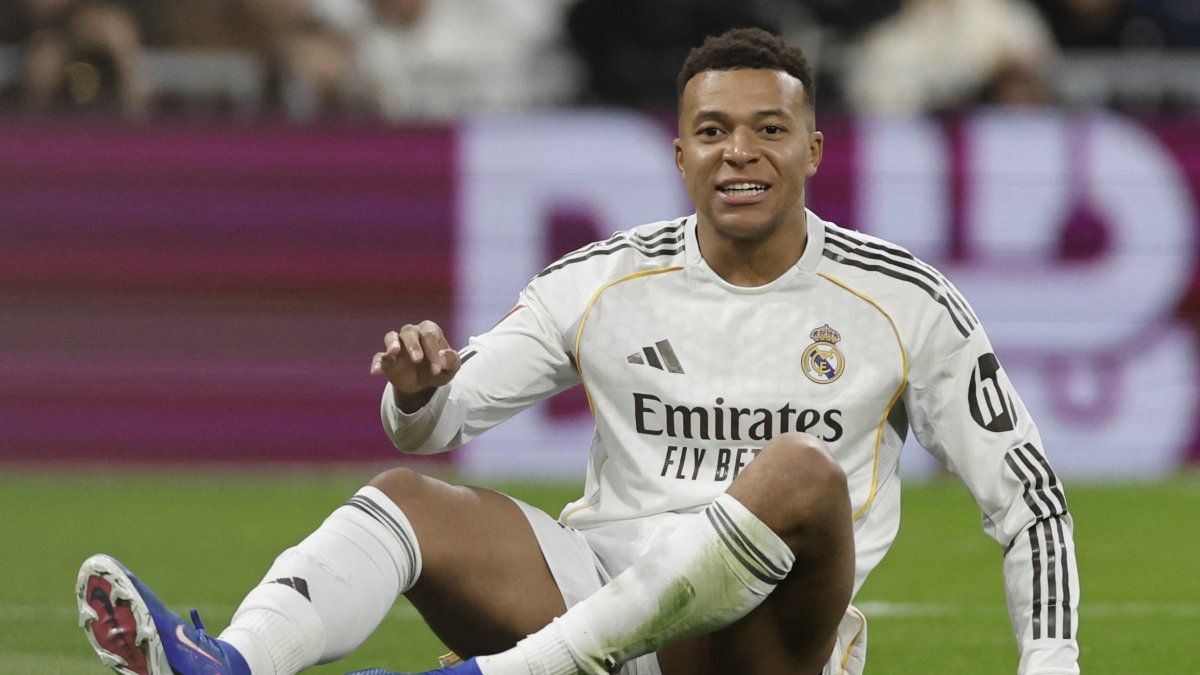 Real Madrid's Kylian Mbappe reacts during the La Liga match against Sevilla at the Bernabeu Stadium, Madrid, Spain, Dec. 20, 2025. (AFP Photo)