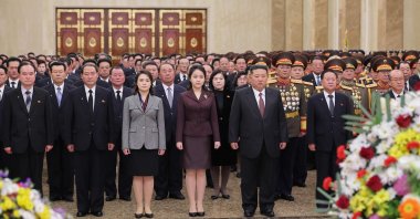 North Korean leader Kim Jong Un (C), his wife Ri Sol Ju and their daughter Kim Ju Ae visiting the Kumsusan Palace of the Sun to mark the new year, Pyongyang, North Korea, Jan. 1, 2026. (AFP Photo)