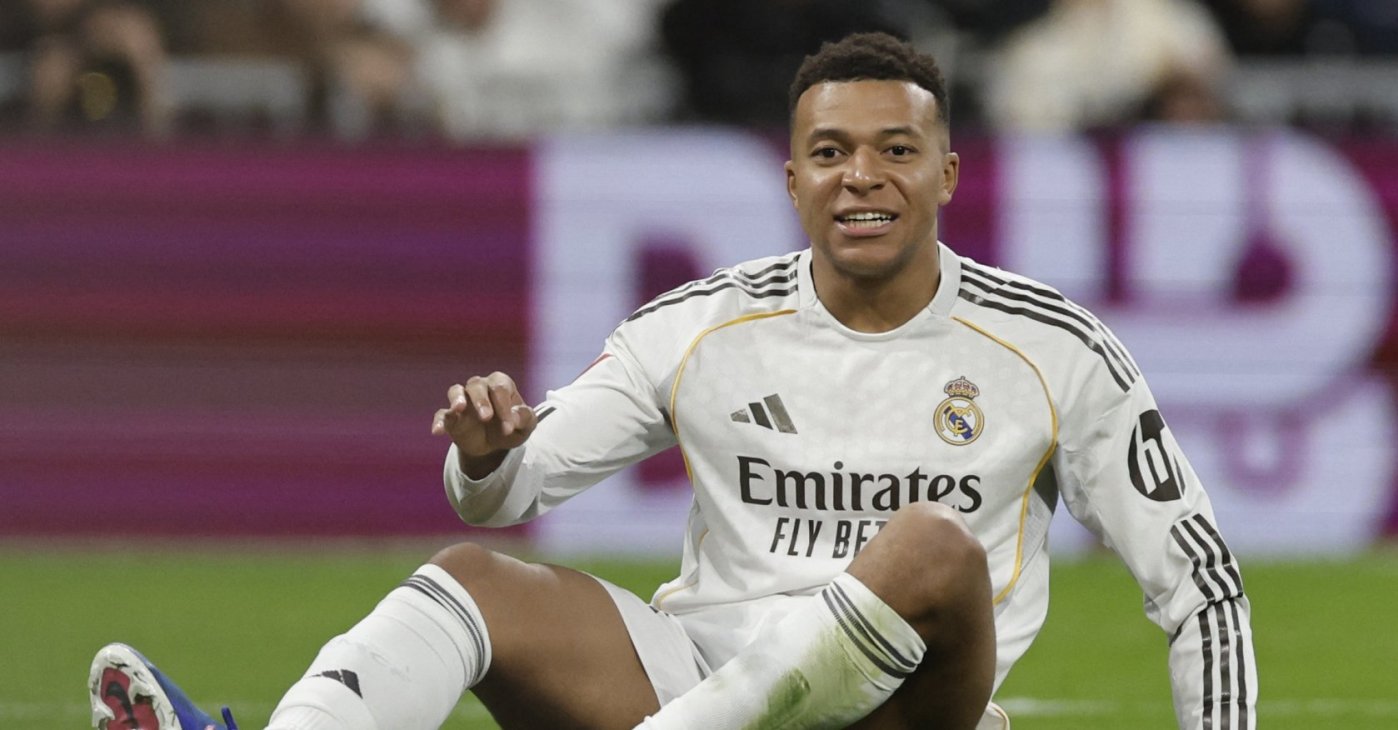 Real Madrid's Kylian Mbappe reacts during the La Liga match against Sevilla at the Bernabeu Stadium, Madrid, Spain, Dec. 20, 2025. (AFP Photo)