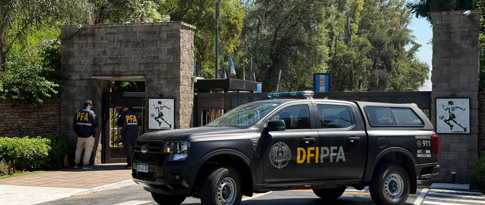 A Federal Police truck remains outside the Argentine Football Association (AFA) training facility during a police raid in Ezeiza, Buenos Aires Province, Argentina, Dec. 30, 2025. (AFP Photo)