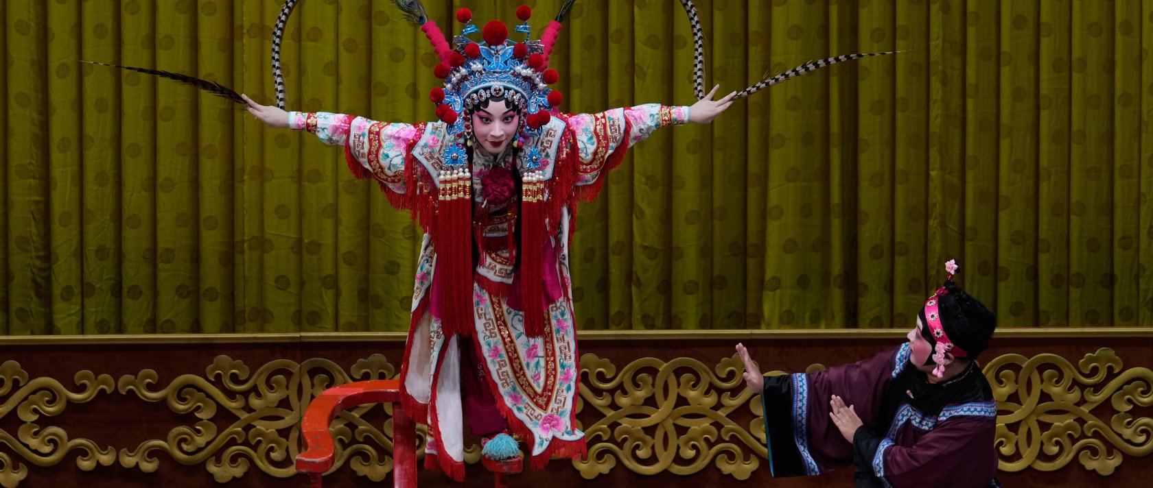 Peking Opera actress Zhang Wanting performs during a show at Jixiang Theatre in Beijing, China, Sept. 7, 2025. (AP Photo)
