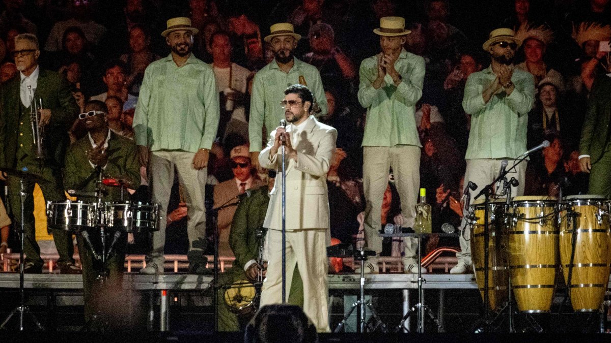 Bad Bunny performs on stage during the Debí Tirar Más Fotos world tour at Estadio GNP Seguros, Mexico City, Mexico, Dec. 11, 2025. (AFP Photo)