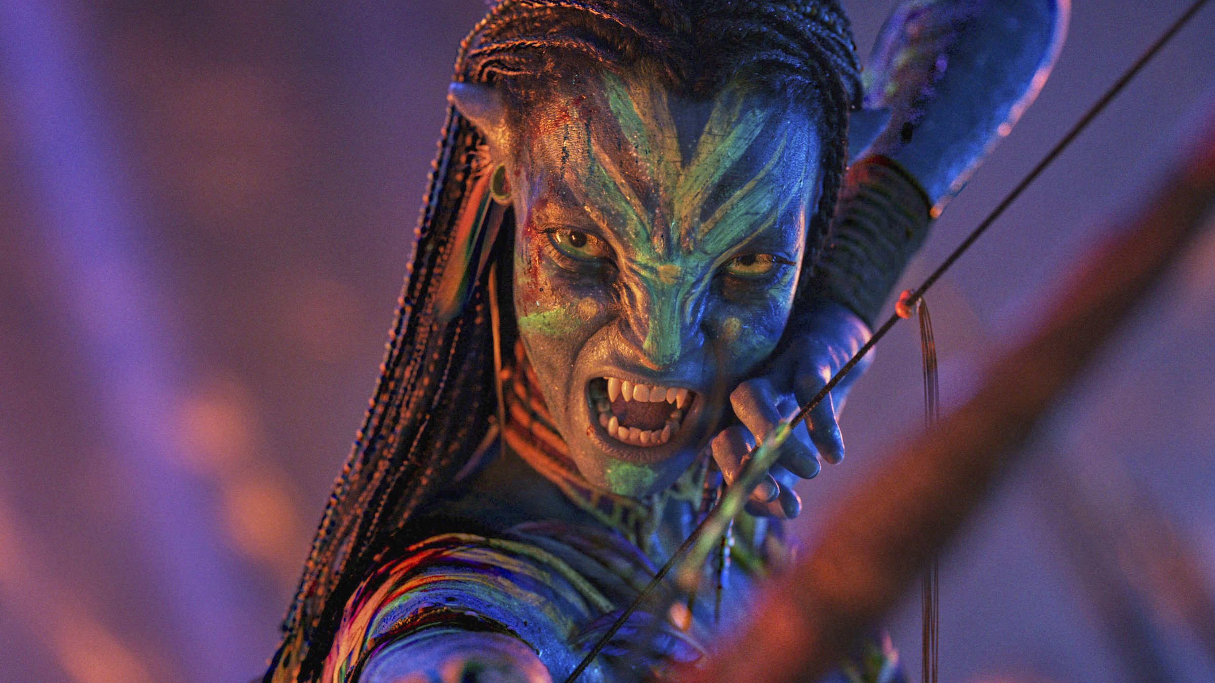 This image released by Disney shows Neytiri, played by Zoe Saldana, in a scene from "Avatar: Fire and Ash." (AP Photo)