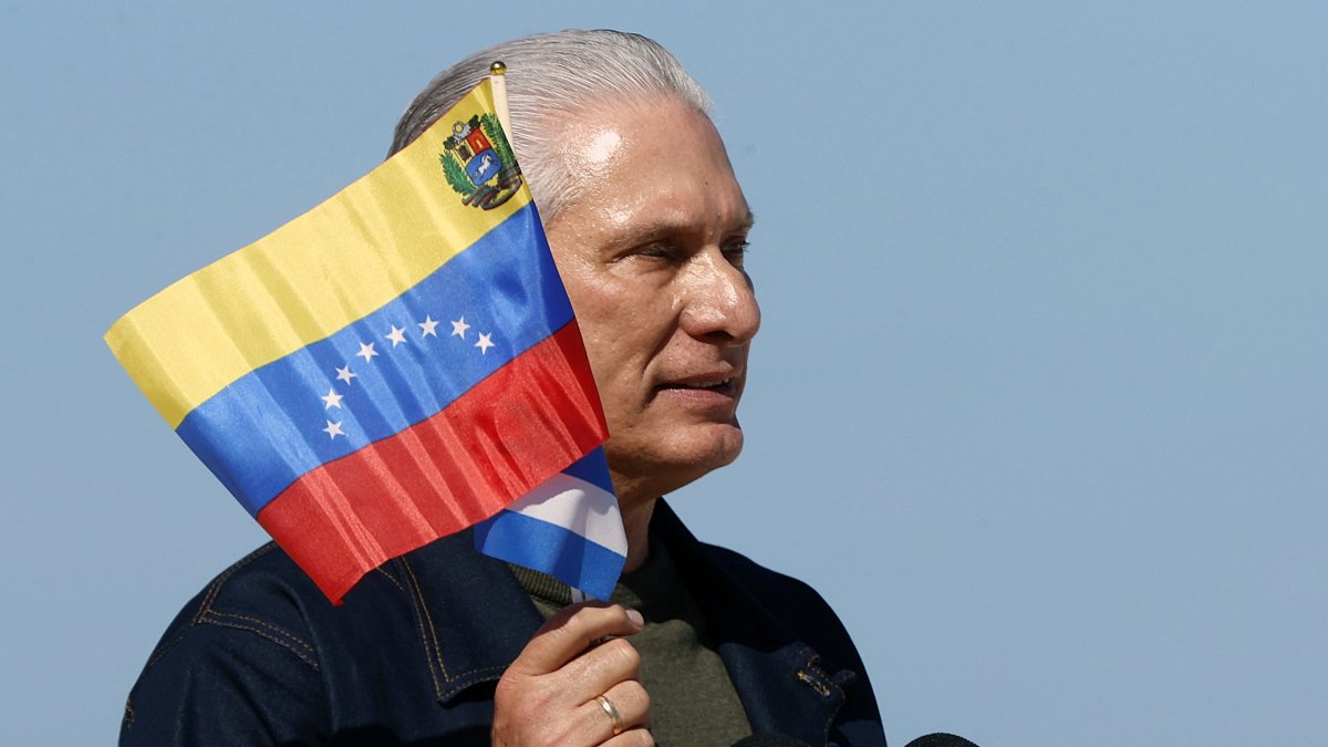 Cuban President Miguel Diaz-Canel speaks during an event held at the Anti-Imperialist Tribune in support of Venezuela in Havana, Cuba, Jan. 3, 2026. (EPA Photo)