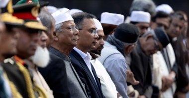 Muhammad Yunus (L), chief advisor of the interim government of Bangladesh, along with Bangladesh Nationalist Party (BNP) acting Chair Tarique Rahman, offer a funeral prayer for Bangladesh's former Prime Minister Khaleda Zia at the Parliament building area of Manik Mia Avenue, Dhaka, Bangladesh, Dec. 31, 2025. (Reuters Photo)