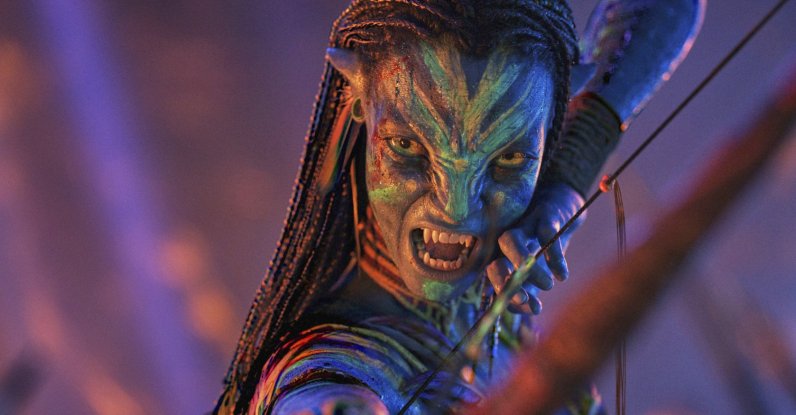 This image released by Disney shows Neytiri, played by Zoe Saldana, in a scene from "Avatar: Fire and Ash." (AP Photo)