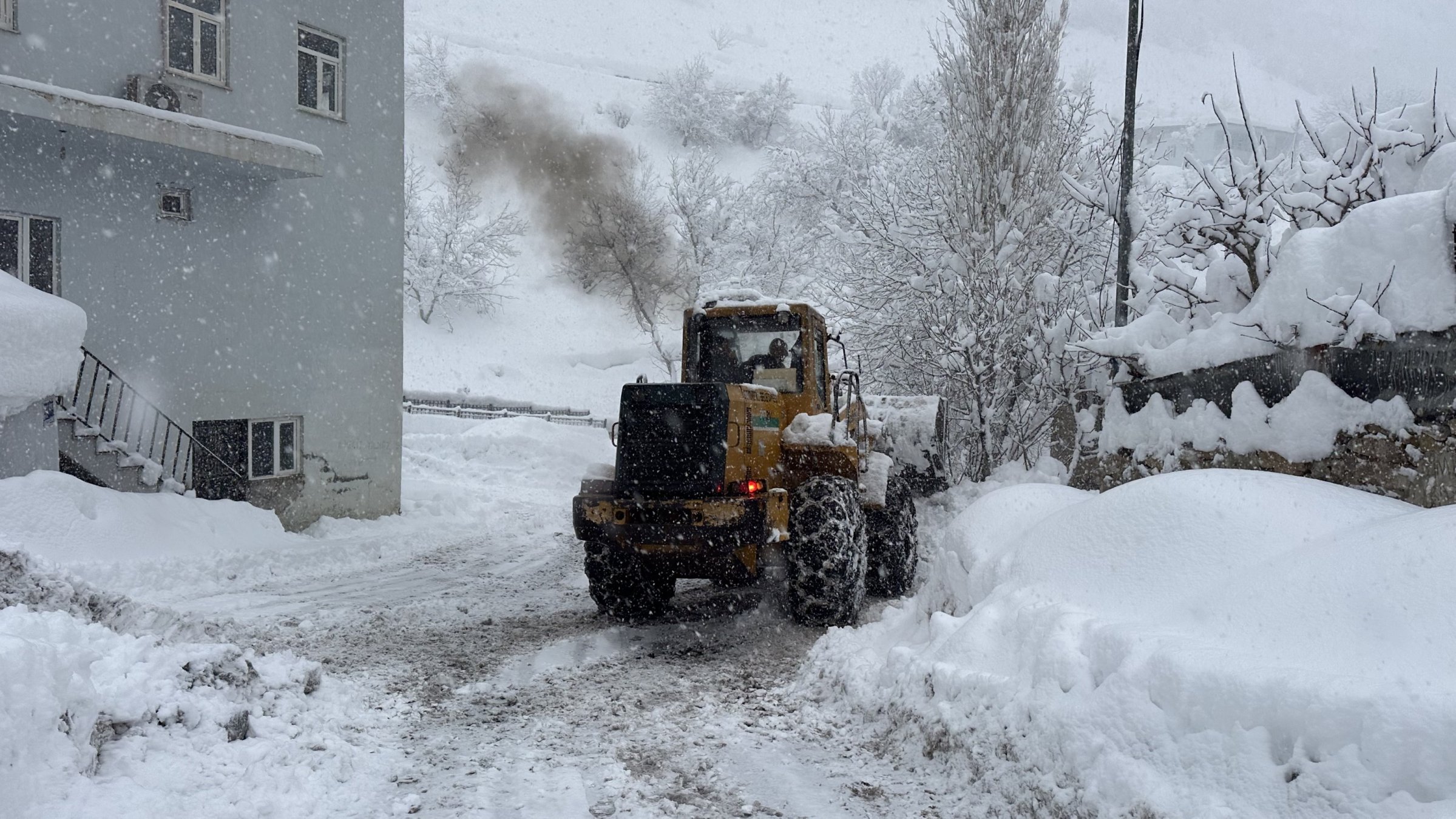 A tractor clears heavy snow from a road as snowfall continues in Şemdinli district, Hakkari, Türkiye, Jan. 5, 2026. (AA Photo)