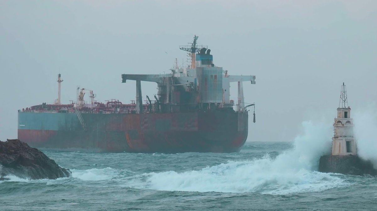 The oil tanker Kairos stranded after an alleged Ukrainian drone attack near the Black Sea port of Ahtopol, Bulgaria, Dec. 6, 2025. (AP Photo)