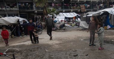Displaced Palestinian children play as they live inside a UNRWA-affiliated school, Khan Younis, Gaza Strip, Palestine, Jan. 4, 2026. (EPA Photo)