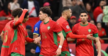 Morocco's Achraf Hakimi (R) celebrates with teammates after the Africa Cup of Nations (AFCON) round of 16 football match between Morocco and Tanzania at Prince Moulay Abdallah Stadium, Rabat, Morocco, Jan. 4, 2026. (AFP Photo)