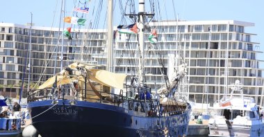 A ship that is part of the Global Sumud Flotilla prepares to depart to Gaza to deliver aid amid Israel's blockade of Palestine, Bizerte, Tunisia, Sept. 13, 2025. (AP Photo)