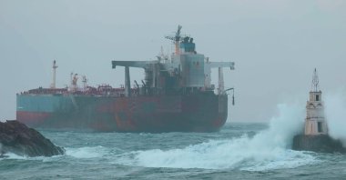 The oil tanker Kairos stranded after an alleged Ukrainian drone attack near the Black Sea port of Ahtopol, Bulgaria, Dec. 6, 2025. (AP Photo)
