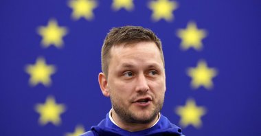 Greenland's Head of Government Jens-Frederik Nielsen addresses Members of European Parliament (MEP) during a formal sitting at the European Parliament in Strasbourg, eastern France, Oct. 8, 2025. (AFP Photo)