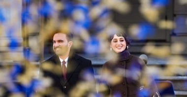 New York Mayor Zohran Mamdani and his wife Rama Duwaji smile as confetti falls after his ceremonial inauguration as mayor at City Hall, New York, U.S., Jan. 1, 2026. (AFP Photo)