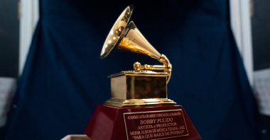 Bobby Pulido’s Latin Grammy Award for Best Tejano Album is displayed during his political campaign kickoff at The Citrus Live Theater in Edinburg, Texas, U.S., Dec. 15, 2025. (Reuters Photo)