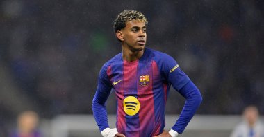 Barcelona's Lamine Yamal reacts during the Spanish League football match against Espanyol at RCDE Stadium in Cornella de Llobregat, Barcelona, Spain, Jan. 3, 2026. (AFP Photo)