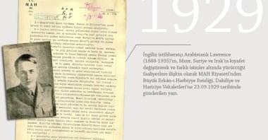 An archival intelligence document shared by Türkiye’s National Intelligence Organization (MIT) showing the passport-style photograph of British officer and intelligence figure Thomas Edward Lawrence is seen in a photo illustration created by Anadolu Agency editors, Jan. 5, 2025. (AA Photo)