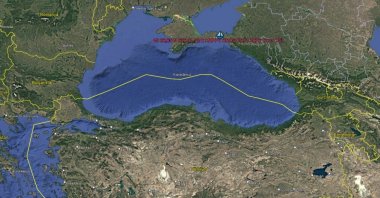 A digital map shows the location where the Turkish-owned cargo ship HAPPY ARAS ran aground south of the Kerch Strait in the Black Sea, marked by a ship icon. (DHA Photo)