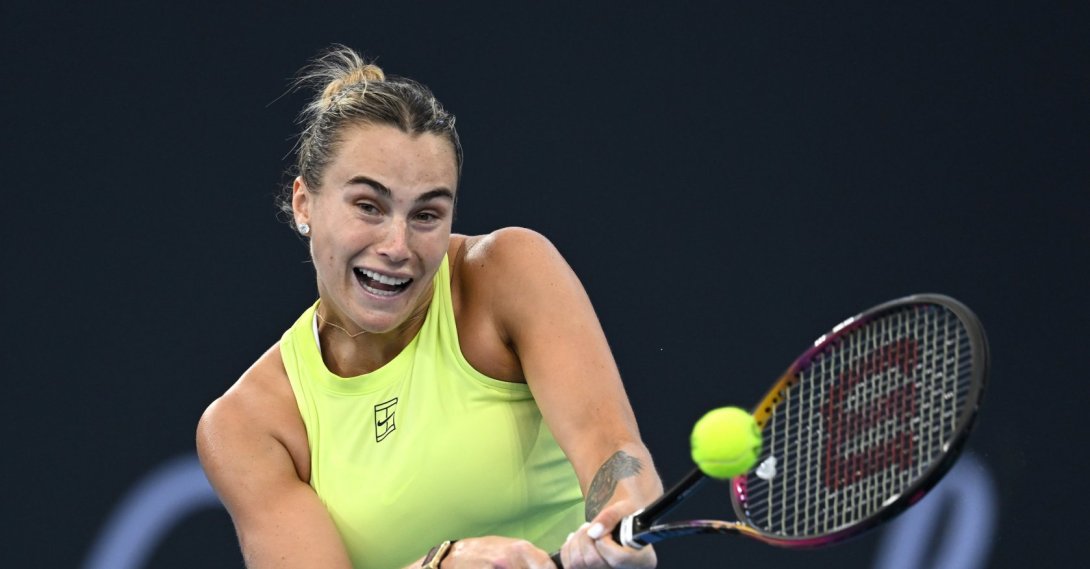 Belarus' Aryna Sabalenka in action against Spain's Cristina Bucsa during day three of the Brisbane International tennis tournament at Pat Rafter Arena, Brisbane, Australia, Jan. 6, 2026. (EPA Photo)