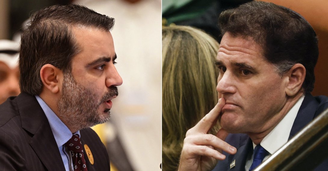 This combination of pictures created on July 25, 2025, shows Syrian Foreign Minister Asaad al-Shaibani (L) addressing a GCC ministerial council meeting with Syria in Mecca on March 6, 2025 and Israel's Strategic Affairs Minister Ron Dermer attending a special session of the Knesset in Jerusalem, Dec. 29, 2022. (AFP Photo)