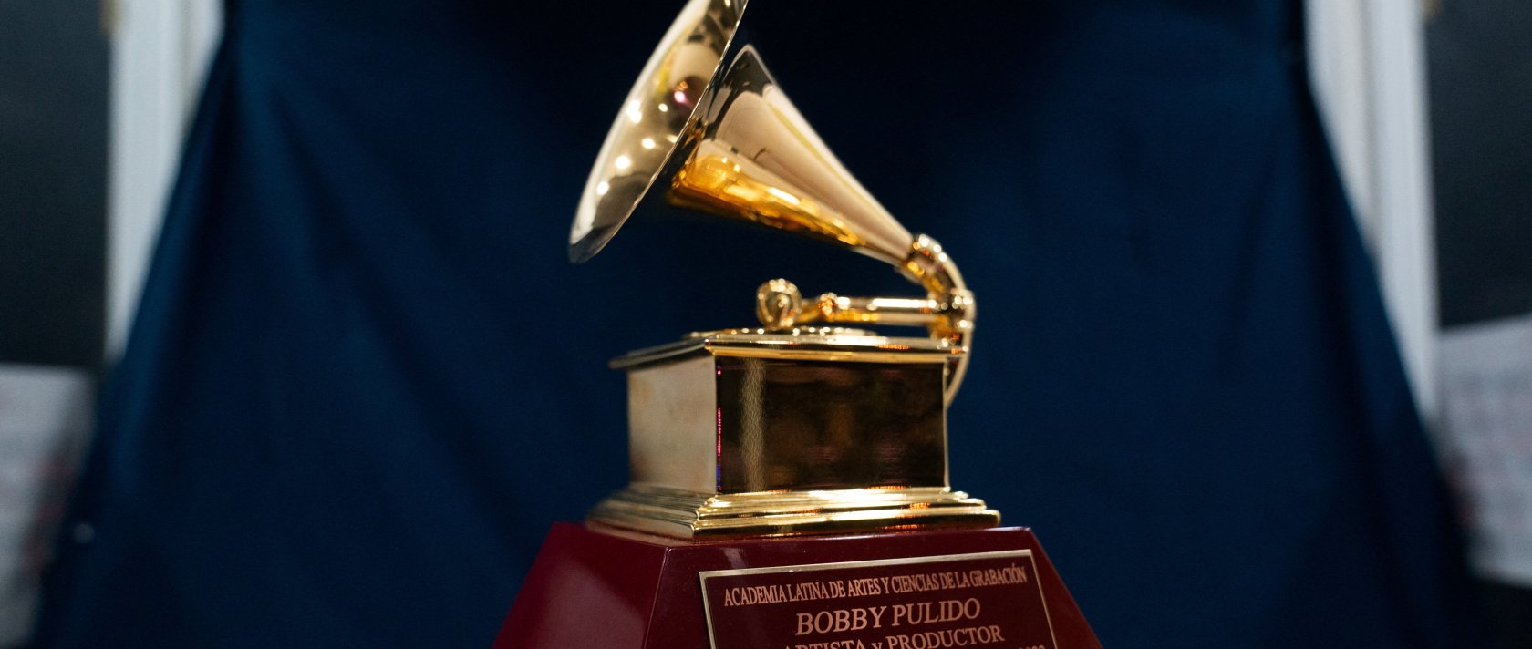 Bobby Pulido’s Latin Grammy Award for Best Tejano Album is displayed during his political campaign kickoff at The Citrus Live Theater in Edinburg, Texas, U.S., Dec. 15, 2025. (Reuters Photo)