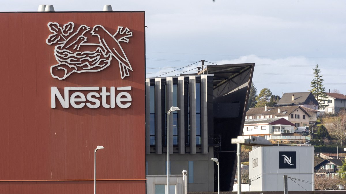A logo of food giant Nestle is seen in a building in Orbe, Switzerland, Feb. 9, 2024. (Reuters Photo)